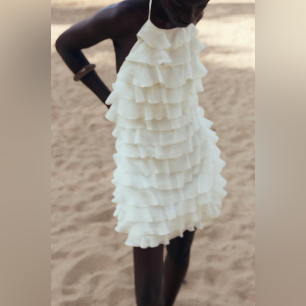 Zara ivory ecru mini dress halter ruffle Bohemian summer vacation evening - Picture 8 of 12